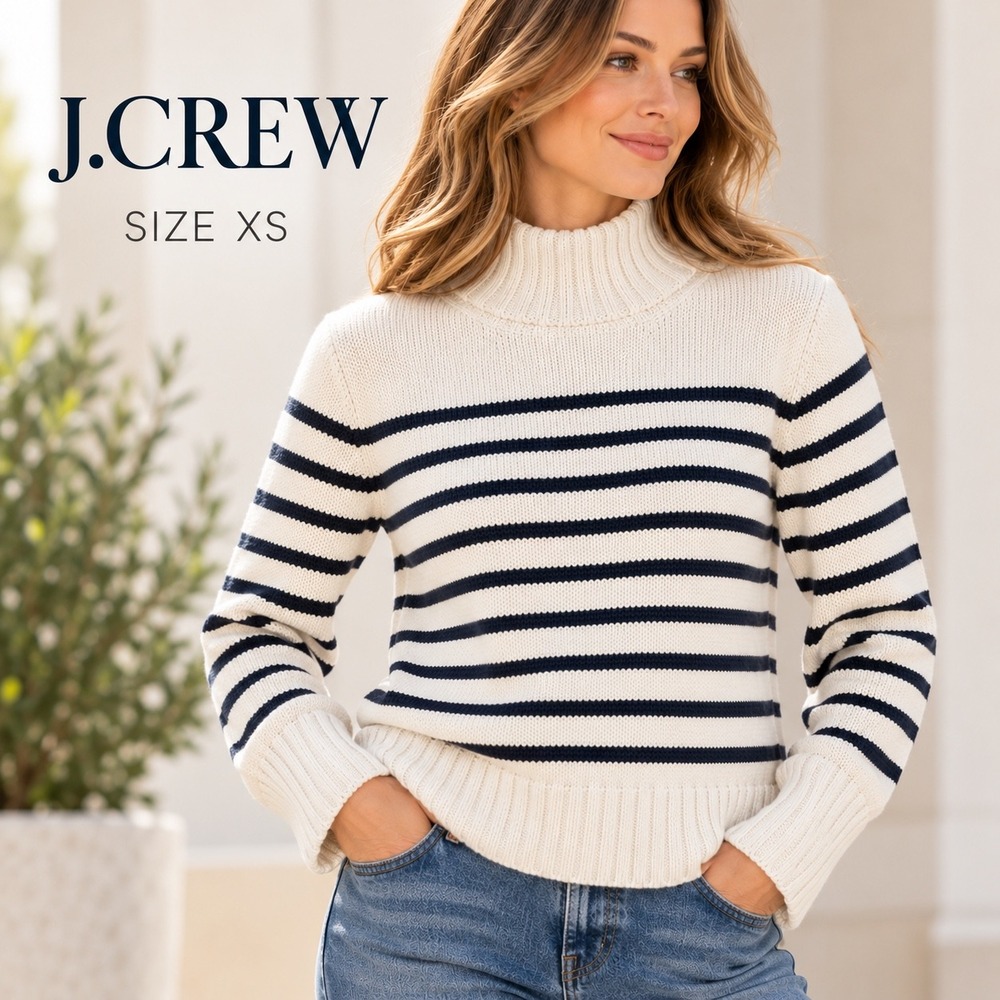 J.Crew Sweater Women XS Cream Navy Striped Mock Neck Cotton Nautical Preppy EUC